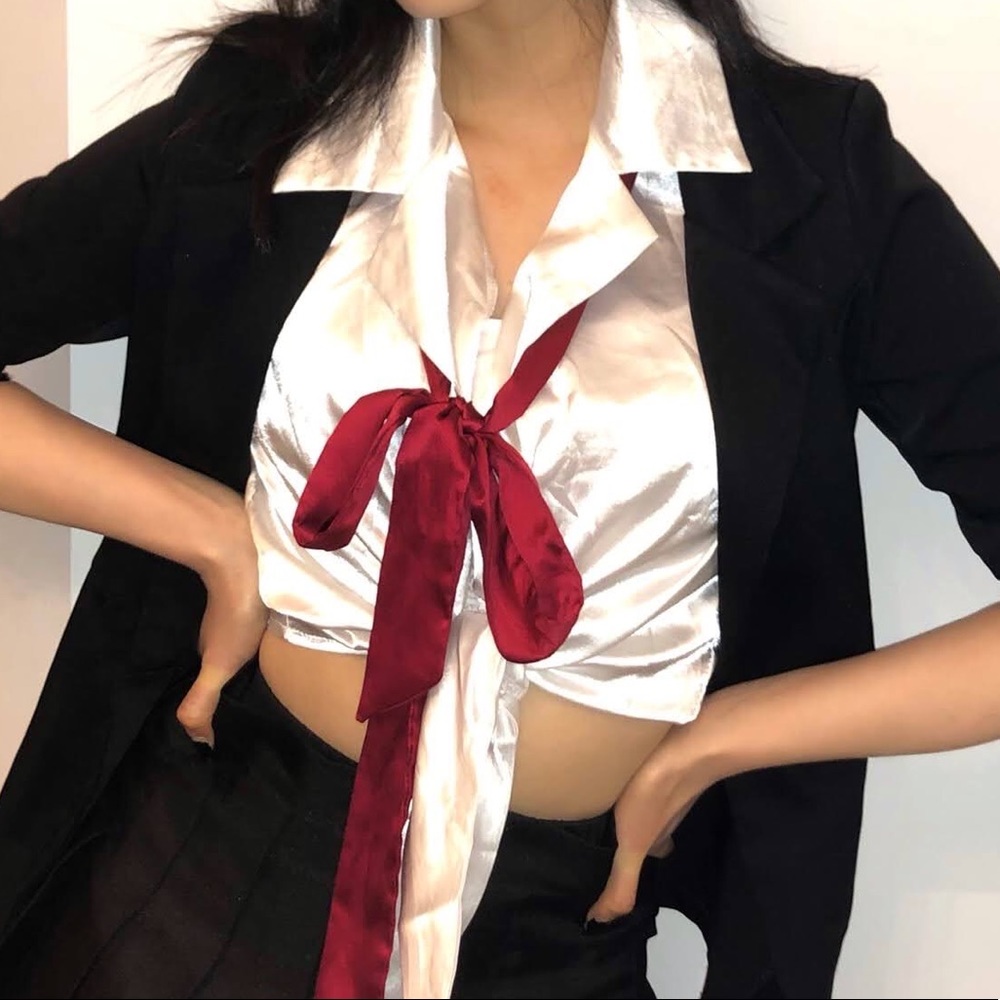 Soft satin silk Tie Collar blouse top